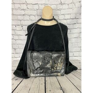 Vtg Nas Purse Metallic Faux Leather Animal Skin Patchwork 80s Black Gold Silver‎